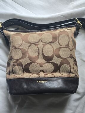 Coach Signature Monogram Hobo in Brown and Tan
